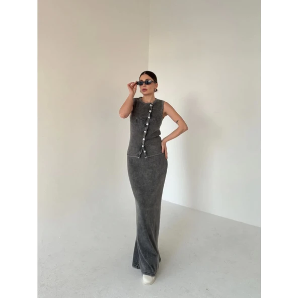 Uzun Etekli Önü Düğmeli Badi İkili Takım- Antrasit - 3