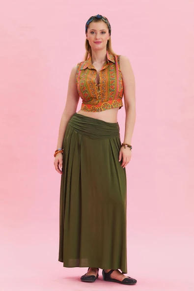 Beli Lastikli Drape Detaylı Otantik Etek - 2
