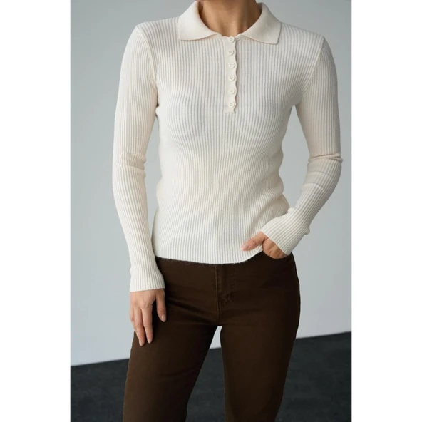 Polo Yaka 6 Düğmeli Kazak - Krem - 4