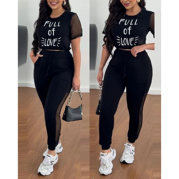 Kadın Kısa Kollu Bisiklet Yaka File Detaylı Viskon Iki Iplik Krop Ve Eşofman Altı Ikili Takım - 2