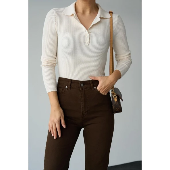 Polo Yaka 6 Düğmeli Kazak - Krem