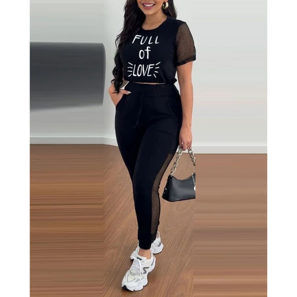 Kadın Kısa Kollu Bisiklet Yaka File Detaylı Viskon Iki Iplik Krop Ve Eşofman Altı Ikili Takım