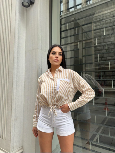 Tek Cep Çizgi Detaylı Crop Poplin Gömlek