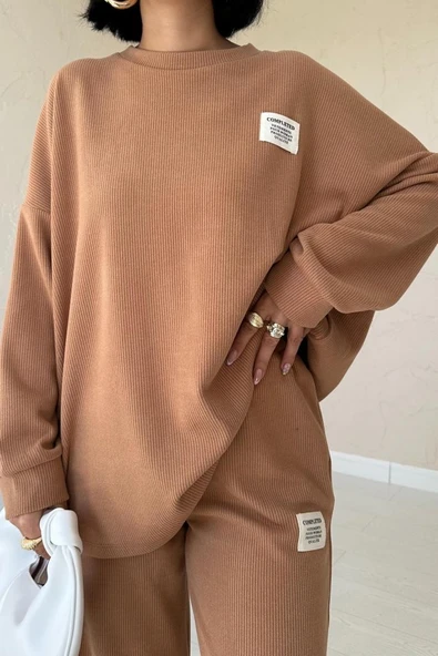 Camel Klasik Fitilli Kazak Ve Pantolon Takım - Resim 3