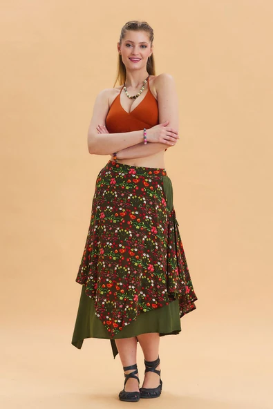 Bağlama Detaylı Beli Lastikli Salaş Etek