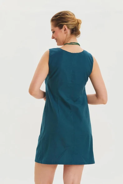 U Yaka Kedi Figürlü Düğme Detaylı Bohem Elbise - Resim 7