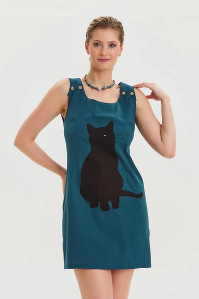 U Yaka Kedi Figürlü Düğme Detaylı Bohem Elbise - Resim 5