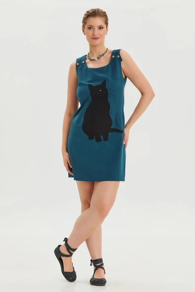 U Yaka Kedi Figürlü Düğme Detaylı Bohem Elbise - Resim 6