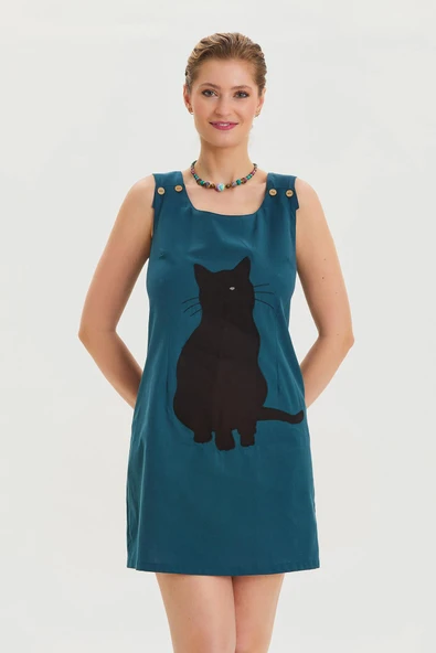 U Yaka Kedi Figürlü Düğme Detaylı Bohem Elbise - Resim 4