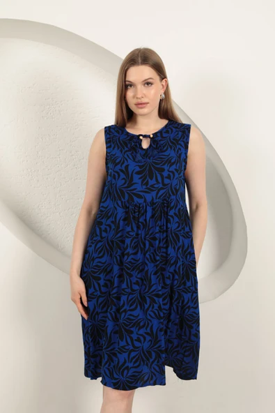 Viskon Kumaş Yaprak Desenli Elbise-Saks - 4