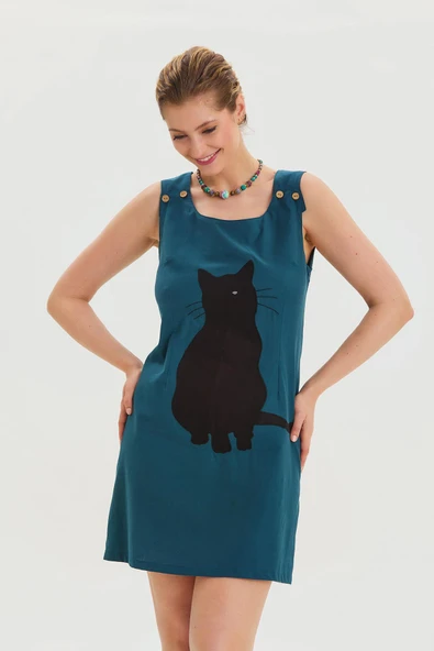 U Yaka Kedi Figürlü Düğme Detaylı Bohem Elbise - Resim 2