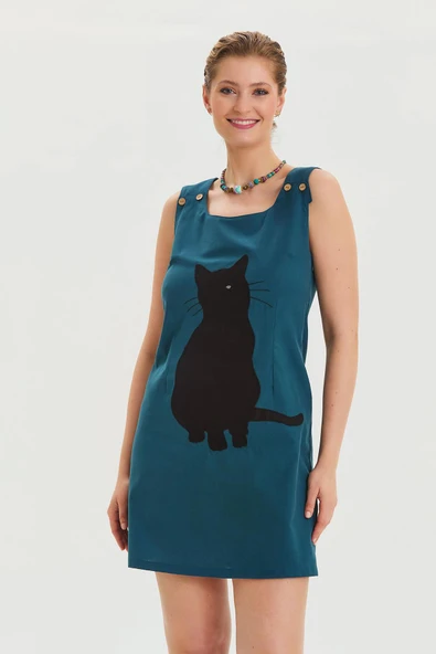 U Yaka Kedi Figürlü Düğme Detaylı Bohem Elbise - Resim 3