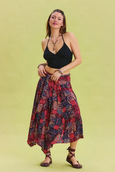 Beli Bağlamalı Salaş Midi Kloş Etek - 2