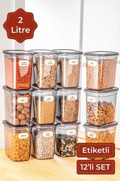 Vienev Etiketli 12Li Set Peggy Şeffaf Kapaklı Uzun Dikdörtgen Saklama Kabı 2 Litre