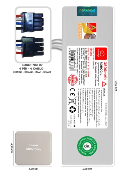 Xiaomi Mop 1C 2in1 STYTJ01ZHM 3500mAh Uyumlu Robot Süpürge Pili B3507WB-Xia-006 ürün görseli 1