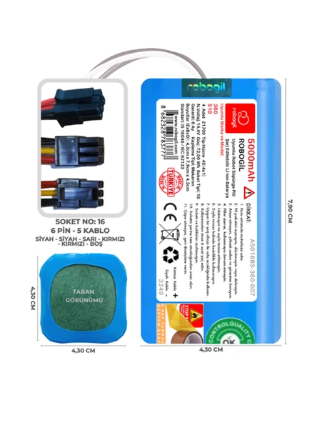 360 S10 5000mAh Uyumlu Robot Süpürge Pili A5016BS-360-007