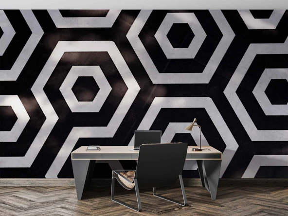 3D Siyah Beyaz Geometri Petek Temalı Duvar Kağıdı Baskı - 4