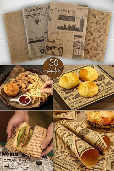 50 Adet Retro Hamburger Kızartma Servis Kağıdı Yağlı Kağıt Vintage Gazete Desen Sunum Kağıdı 26x36cm - 8