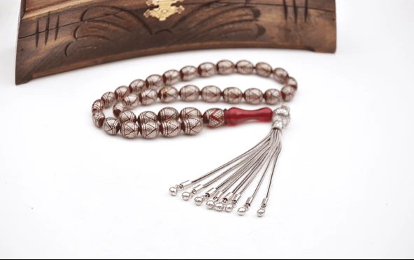 925 Ayar Gümüş Çakımlı Ateş  Kehribar Tesbih ürün görseli 1