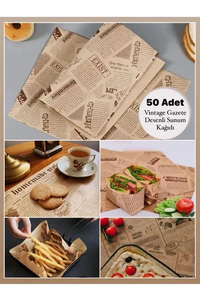50 Adet Retro Hamburger Kızartma Servis Kağıdı Yağlı Kağıt Vintage Gazete Desen Sunum Kağıdı 26x36cm - 6