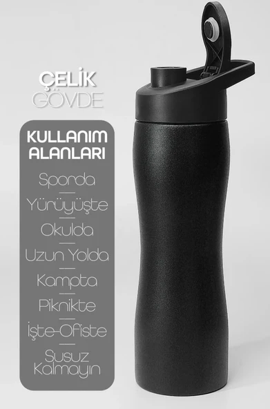 Paslanmaz Çelik Matara - 304 Çelik Spor Suluk BPA İçermez Taşınabilir Tasarım - Siyah Renk - 2