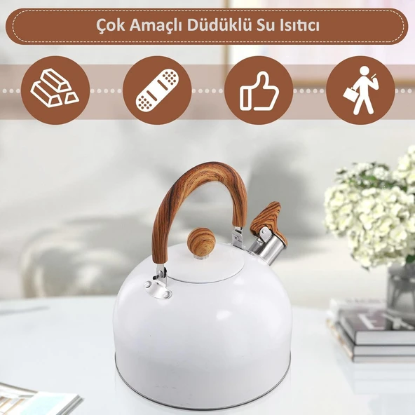 Valkyrie 3L Düdüklü Kettle Su Isıtıcı Çaydanlık Paslanmaz Çelik Yüksek Islıklı Beyaz - 3