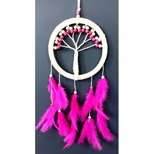 Fuşya Kuş Tüylü Hayat Ağacı Düş Kapanı Dream Catcher Duvar Süsü TdrTR