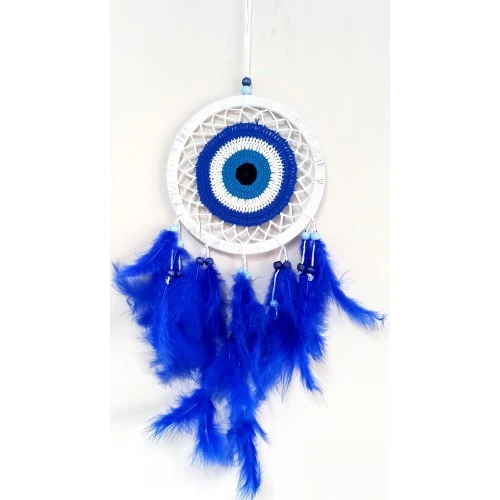 Saks Mavisi Kuş Tüylü Dream Catcher Nazar Boncuğu Motifli Düş Kapanı Duvar Süsü TdrTR