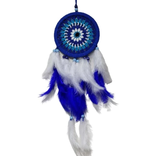 Nazar Boncuğu Desenli Bol Kuş Tüylü Lacivert Dream Catcher El Yapımı Duvar Dekoru TdrTR
