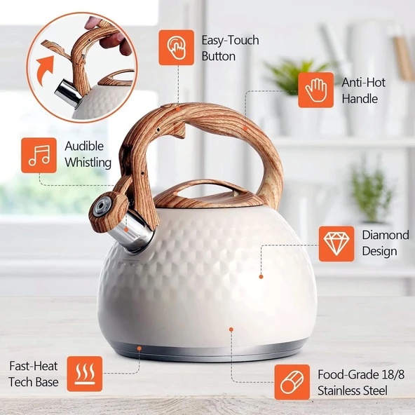 Valkyrie Modern Tasarım Düdüklü Kettle 3L Paslanmaz Çelik Ergonomik Su Isıtıcı Çaydanlık Islıklı - 5