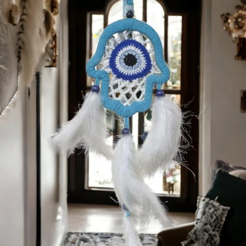 Nazar Boncuğu Motifli Turkuaz Fatma Ana Eli Duvar Süsü El İşçiliği Duvar Dekoru TdrTR