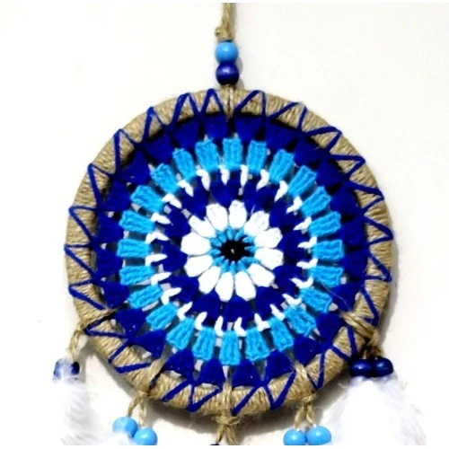Nazar Boncuğu Desenli Dream Catcher El Yapımı Kuş Tüylü Rüya Kapanı Duvar Süsü TdrTR