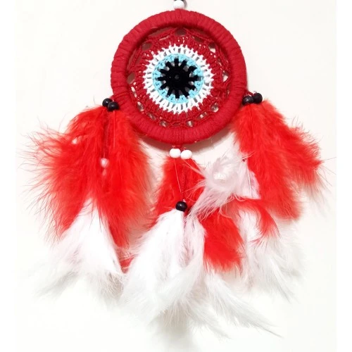 Kırmızı Ve Beyaz Kuş Tüylü Dream Catcher El Yapımı Mini Duvar Süsü TdrTR