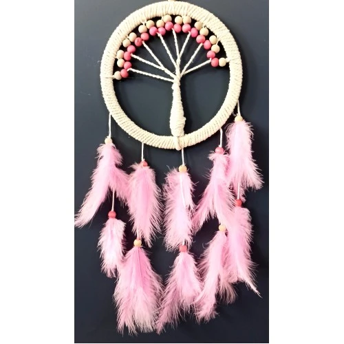 Pembe Kuş Tüylü Hayat Ağacı Düş Kapanı Dream Catcher Duvar Süsü TdrTR