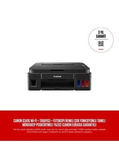 CANON PIXMA G3416 PIXMA Renkli WI-FI Yazıcı Fotokopi Tarayıcı Renkli Mürekkep TANKLI YAZICI