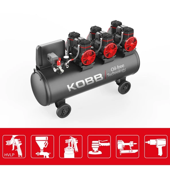 KOBB KBK100S 6.0HP 100Lt 8Bar Üç Motorlu Yağsız Sessiz Taşınabilir Hava Kompresörü - 3