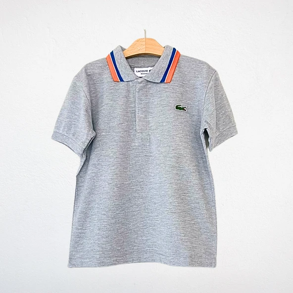 Renkli Yaka Detaylı Erkek Çocuk Polo Yaka Tişört – Gri - 2