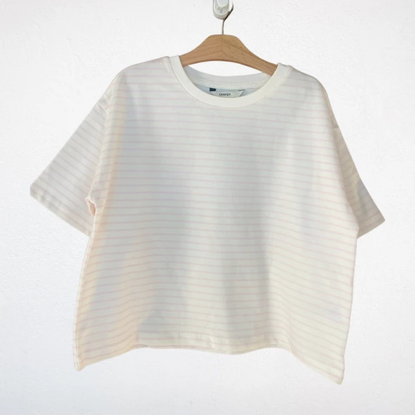 Pudra Çizgili Oversize Crop Tişört - 3