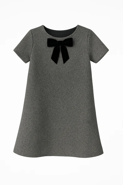 Kadife Fiyonklu Kız Çocuk Simli Elbise – Gri ürün görseli 1
