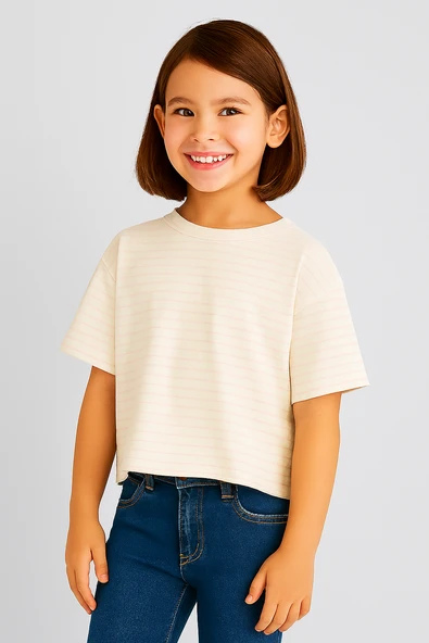 Pudra Çizgili Oversize Crop Tişört