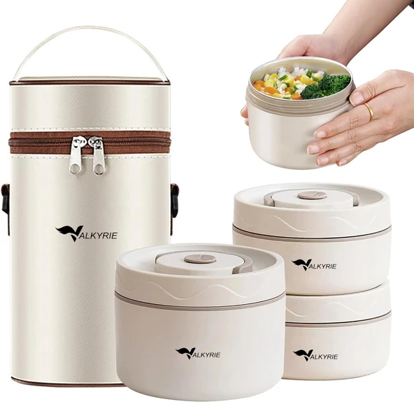 Valkyrie 3 Gözlü Paslanmaz Çelik Isı Yalıtımlı Yemek Kabı Seti Çantalı 304 Steel 2 x 420ml + 550ml