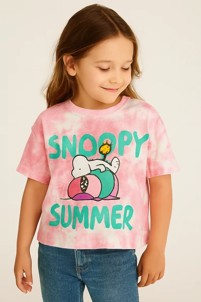 Pembe Batik Snoopy Summer Baskılı Tişört - 2