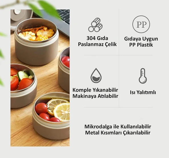 Valkyrie 2 Gözlü Paslanmaz Çelik Isı Yalıtımlı Yemek Kabı Seti Çantalı 304 Steel 420ml + 550ml - 6