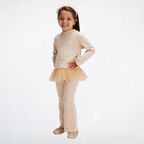 Çiçek Desenli Tütü Detaylı Çocuk Takımı – Bej