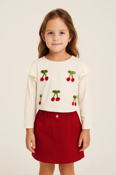 Kiraz İşlemeli Uzun Kollu Bluz ve Kırmızı Etekli Takım - 2