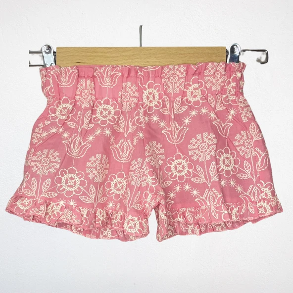 Çiçek Desenli Nakışlı Pembe Takım (2'li) – Bluz ve Şort - Resim 5