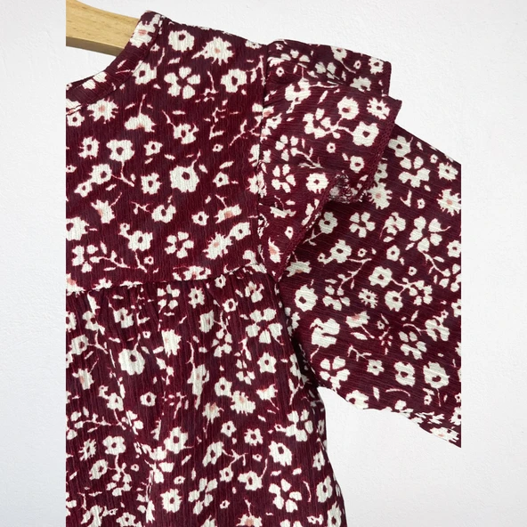 Çiçek Desenli Volan Detaylı Uzun Kollu Elbise – Bordo - 3