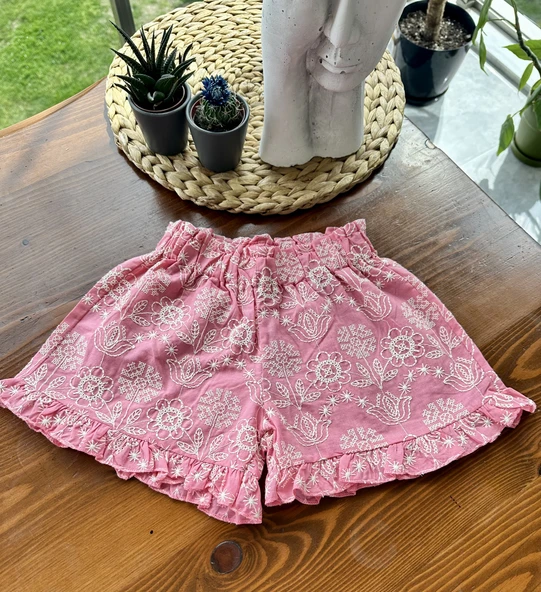 Çiçek Desenli Nakışlı Pembe Takım (2'li) – Bluz ve Şort - Resim 6