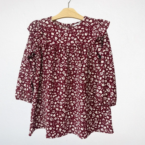 Çiçek Desenli Volan Detaylı Uzun Kollu Elbise – Bordo - 2