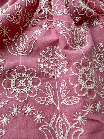 Çiçek Desenli Nakışlı Pembe Takım (2'li) – Bluz ve Şort - Resim 7